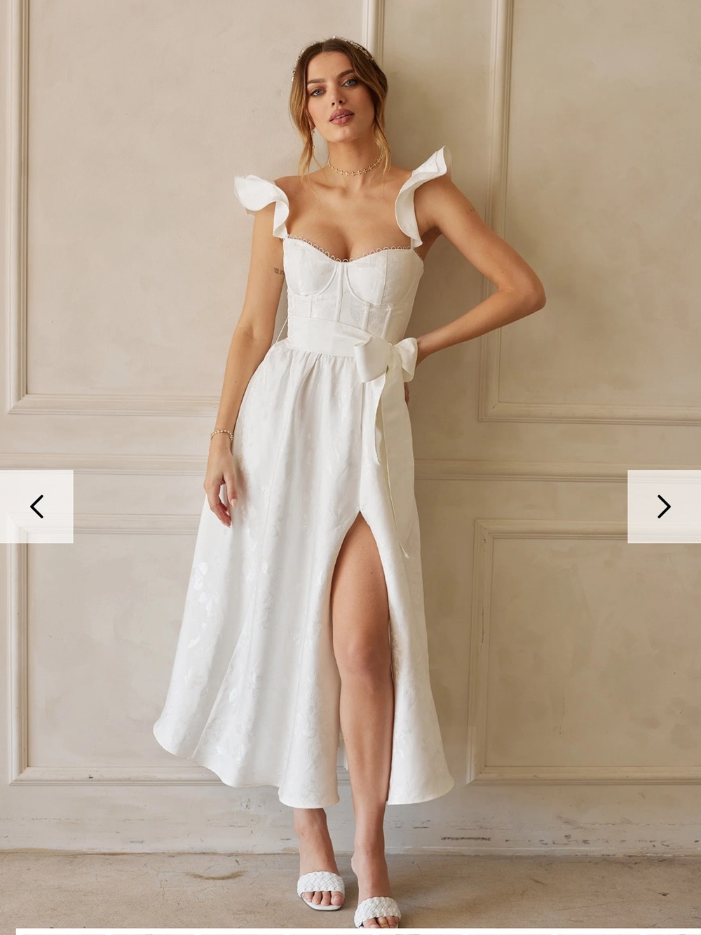 V. Chapman White Ruffled Strap Midi Dress with Side Slit